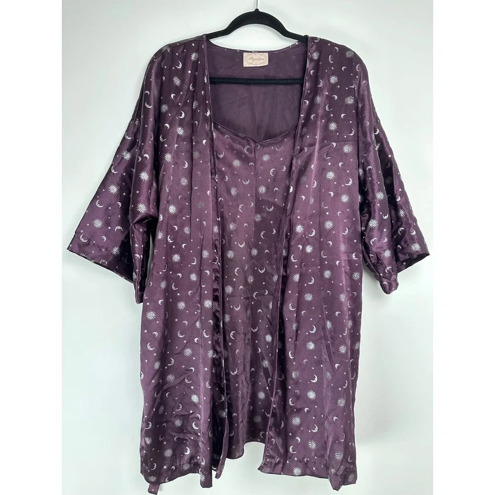Angelique Celestial Sun Moon Star Satin Robe and Nightgown Set Purple Silver